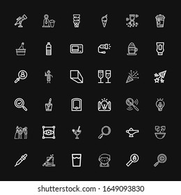 Editable 36 glass icons for web and mobile. Set of glass included icons line Magnifying glass, Search, Barman, Drink, Magic, Pipette, Lemon, Lamp, Cocktail on black background