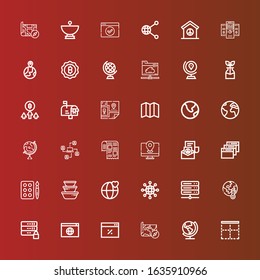 Editable 36 global icons for web and mobile. Set of global included icons line Border, Earth, Map, Browser, Server, Global warming, Networking, World, Container, Watercolor on red