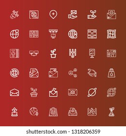 Editable 36 globe icons for web and mobile. Set of globe included icons line Plant, Map, Email, Planet earth, Worldwide, Planet, Recycled Plastic Bag, Network, Flight information on red