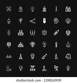 Editable 36 glowing icons for web and mobile. Set of glowing included icons line Light, Candle, Bulb, Full moon, Laser pen, Candles, Spark, Lightbulb, Inspiration on black background