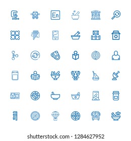 Editable 36 glyph icons for web and mobile. Set of glyph included icons line Mortar, School bus, Radar, Parachute, Clamp, Jam, Setup, Yeast, Lobster, Read on white background