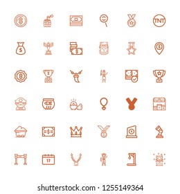 Editable 36 gold icons for web and mobile. Set of gold included icons line Seal, Gallow, Pirate, Pendant, Saint Patrick, Metal detector, Pharaoh, Trophy, Medals on white background