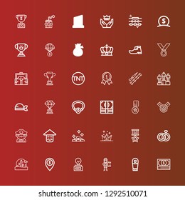 Editable 36 gold icons for web and mobile. Set of gold included icons line Money, Sarcophagus, Pirate, Trophy, Wild west, Wedding rings, Medal, Crown, Gold, Chinese, Necklace on red