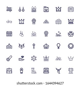 Editable 36 golden icons for web and mobile. Set of golden included icons line Chest, Necklace, Earrings, Vitamin c, Sarcophagus, Treasure, Crown, Gold, Sheriff on white background