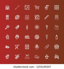 Editable 36 gourmet icons for web and mobile. Set of gourmet included icons line Grill, Cheese, Cherry, Shrimp, Asparagus, Mustard, Noodle, Baby food, Spaghetti, Sauce on red
