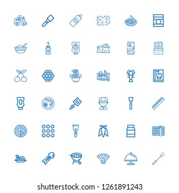 Editable 36 gourmet icons for web and mobile. Set of gourmet included icons line Barbecue fork, Tray, Oyster, Grill, Fish bone, Spaghetti, Sushi, Mayonnaise on white background