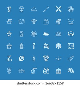 Editable 36 gourmet icons for web and mobile. Set of gourmet included icons line Cheese, Vinegar, Sauces, Noodles, Ketchup, Mustard, Grill, Lobster, Mayonnaise on blue background