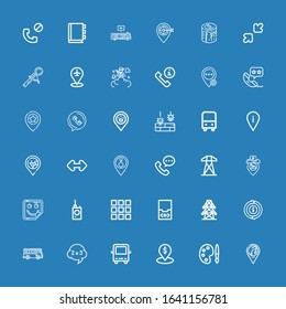 Editable 36 gray icons for web and mobile. Set of gray included icons line Placeholder, Palette, Bus, Problem, Refund, Electric tower, Audio player, Bug detector on blue background