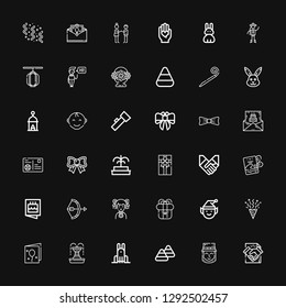 Editable 36 greeting icons for web and mobile. Set of greeting included icons line Deal, Leprechaun, Candy corn, Rabbit, Fountain, Birthday card, Confetti on black background