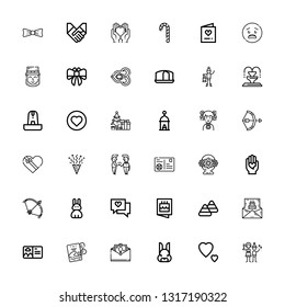 Editable 36 greeting icons for web and mobile. Set of greeting included icons line Christmas party, Love, Rabbit, Greeting card, Invitation, Postcard, Birthday invitation on white background