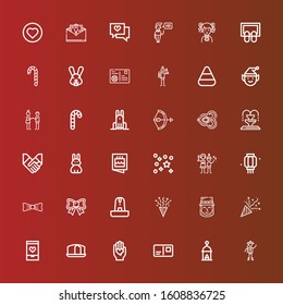 Editable 36 greeting icons for web and mobile. Set of greeting included icons line Chinese, Lantern, Postcard, Love, Sponge cake, Confetti, Leprechaun, Fountain, Bow, Christmas party on red