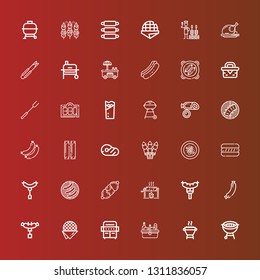 Editable 36 grill icons for web and mobile. Set of grill included icons line Bbq, Grill, Picnic, Stroopwafel, Sausage, Roast, Barbecue, Hot dog, Oyster omelette, Skewer on red