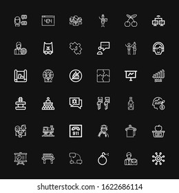 Editable 36 group icons for web and mobile. Set of group included icons line Network, Employee, Bomb, Chat, Train, Presentation, Lunch, Towel, Man, , Family on black background