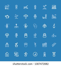 Editable 36 grow icons for web and mobile. Set of grow included icons line Plant, Bars graphics, Responsive, Spike, Sprout, Expander, Growth, Mushroom, Root on blue background