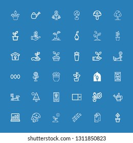 Editable 36 grow icons for web and mobile. Set of grow included icons line Plant, Expand, Spike, Sprout, Mushroom, Profits, Watering can, Crop, Pine, Bench on blue background
