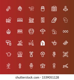 Editable 36 grow icons for web and mobile. Set of grow included icons line Bench, Growth, Greenhouse, Grow, Sprout, Expand, Mushroom, Plant, Watering can, Seeds, Park, Responsive on red