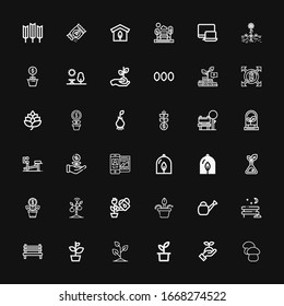 Editable 36 grow icons for web and mobile. Set of grow included icons line Mushroom, Sprout, Plant, Bench, Park, Watering can, Flower pot, Growth, Responsive on black background