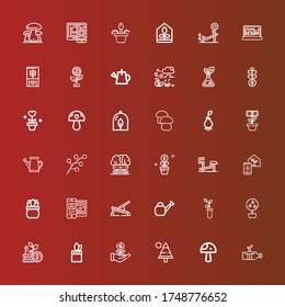 Editable 36 grow icons for web and mobile. Set of grow included icons line Plant, Mushroom, Pine, Sprout, Growth, Money tree, Watering can, Bench, Responsive, Greenhouse on red