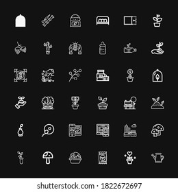 Editable 36 grow icons for web and mobile. Set of grow included icons line Watering can, Plant, Seed, Harvest, Mushroom, Sprout, Park, Responsive, Fertilization on black background