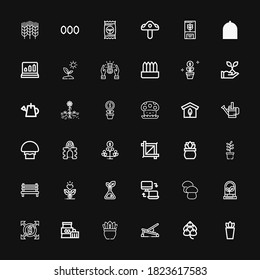 Editable 36 grow icons for web and mobile. Set of grow included icons line Plant, Hop, Bench, Expand, Mushroom, Responsive, Growth, Crop, Expander, Watering can on black background