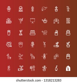 Editable 36 growing icons for web and mobile. Set of growing included icons line Plant, Root, Gardener, Greenhouse, Growth, Sprout, Watering can, Seed, Profit, Projector screen on red