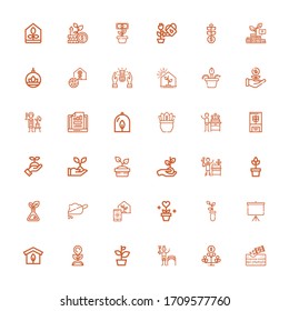 Editable 36 iconos en crecimiento para web y móvil. Conjunto de cultivo incluido íconos línea de jardinería, crecimiento, jardinería, planta, invernadero, pantalla del proyector, Sprout, Suelo sobre fondo blanco