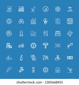 Editable 36 growth icons for web and mobile. Set of growth included icons line Botanical, Fertilizer, Dollar, Cactus, Sprout, Leaf, Gardener, Data, Root, Plant on blue background