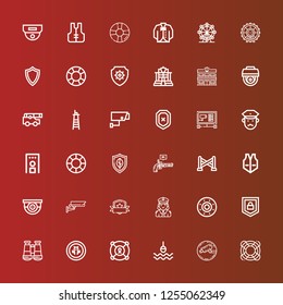 Editable 36 guard icons for web and mobile. Set of guard included icons line Lifesaver, Cctv, Buoy, Shield, Binoculars, Security, Police, Surveillance, Vest, Police line on red