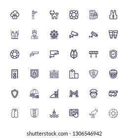 Editable 36 guard icons for web and mobile. Set of guard included icons line Lifesaver, Cannon, Firewall, Buoy, Shield, Vest, Policeman, Police line, Vigilance on white background