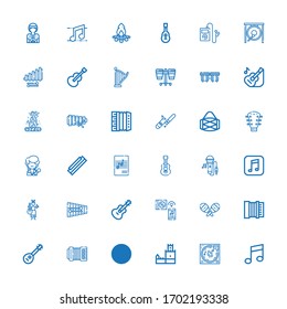 Editable 36 guitar icons for web and mobile. Set of guitar included icons line Music, Belem tower, Guitar, Accordion, Mandolin, Maracas, Xylophone, Singing on white background