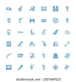 Editable 36 gun icons for web and mobile. Set of gun included icons line Detective, Shooter, Pirate, d printing pen, Painting, Paintball, Police, Cannon, Musket on white background