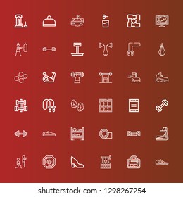 Editable 36 gym icons for web and mobile. Set of gym included icons line Shoes, Gym, Well, Shoe, Weight, Fitness, Treadmill, Resistance band, Yoga mat, Dumbbell, Powder on red