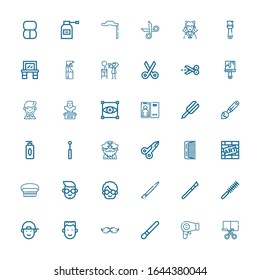 Editable 36 hair icons for web and mobile. Set of hair included icons line Cut, Hairdryer, Brush, Moustache, Boy, Comb, Makeup, Grandmother, Graffiti, Scissors on white background