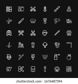 Editable 36 hair icons for web and mobile. Set of hair included icons line Brushes, Clown, Brush, Makeup, Cut, Shear, Spray, Paint brush, Boy, Mustache, Hair dryer on black background