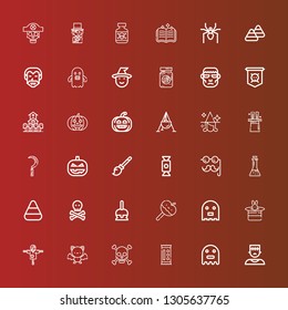 Editable 36 halloween icons for web and mobile. Set of halloween included icons line Monster, Ghost, Candy, Skull, Bat, Scarecrow, Magic, Caramelized apple, Candy corn on red