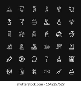 Editable 36 halloween icons for web and mobile. Set of halloween included icons line Candy corn, Broomstick, Candy, Tarantula, Poison, Frankenstein, Monster on black background