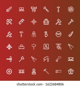 Editable 36 hammer icons for web and mobile. Set of hammer included icons line Mining, Saw, Hammer, Worker, Mine, Anvil, Trowel, Plier, Reflex Crossbow, Pliers on red