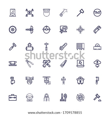 Editable 36 hammer icons for web and mobile. Set of hammer included icons line Auction hammer, Setup, Tools, Judge, Worker, Toolbox, Saw, Mining, Maintenance on white background