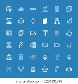 Editable 36 hand icons for web and mobile. Set of hand included icons line Like, Pen, Towel, Salt, Agreement, Placard, Hop, Blood donation, Plant, Chalk, Waitress on blue background