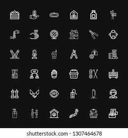 Editable 36 hand icons for web and mobile. Set of hand included icons line Peace, Clothes donation, Ratchet, Deal, Soap, Support, Pen, Controller, Friendship on black background