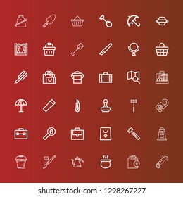 Editable 36 handle icons for web and mobile. Set of handle included icons line Saw, Shopping bag, Pot, Kettle, Brush, Bucket, Grater, Hammer, Suitcase, Search, Toolbox on red