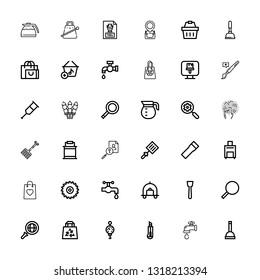 Editable 36 handle icons for web and mobile. Set of handle included icons line Plunger, Water tap, Cutter, Steelyard, Bag, Search, Magnifying glass, Spatula on white background