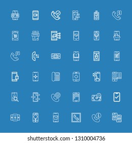 Editable 36 handset icons for web and mobile. Set of handset included icons line Smartphone, Telephone, Phone, Call on blue background