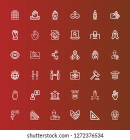 Editable 36 handshake icons for web and mobile. Set of handshake included icons line Businessman, Set square, Handshake, Greeting, Hand, Hands, Bank, Friend, Organization on red