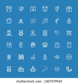 Editable 36 happy icons for web and mobile. Set of happy included icons line Caterpillar, Party, Lollipop, Cupcake, Cake, Teddy bear, Unhappy, Clown fish, Hamster on blue background