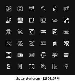 Editable 36 hardware icons for web and mobile. Set of hardware included icons line Hammer, Tools, Jack connector, d printer, Server, Spanner, Keyboard, Configuration on black background