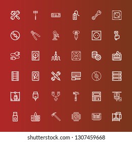 Editable 36 hardware icons for web and mobile. Set of hardware included icons line d printer, Keyboard, Cpu, Hammer, Server, Usb, Maintenance, Old computer, Servers, Hdmi on red