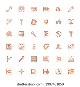 Editable 36 hardware icons for web and mobile. Set of hardware included icons line Server, d printer, Hosting, Configuration, Cross wrench, Socket, Keyboard on white background