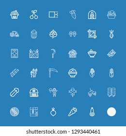 Editable 36 harvest icons for web and mobile. Set of harvest included icons line Corn, Butternut squash, Carrot, Beet, Cereal, Hop, Scarecrow, Raincoat, Barn on blue background