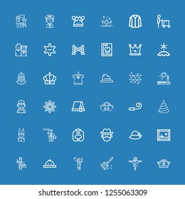 Editable 36 hat icons for web and mobile. Set of hat included icons line Pirate hat, Scarecrow, Sweep, Toga, Hat, Detective, Painting, Pamela, Cowboy, Boxing helmet on blue background